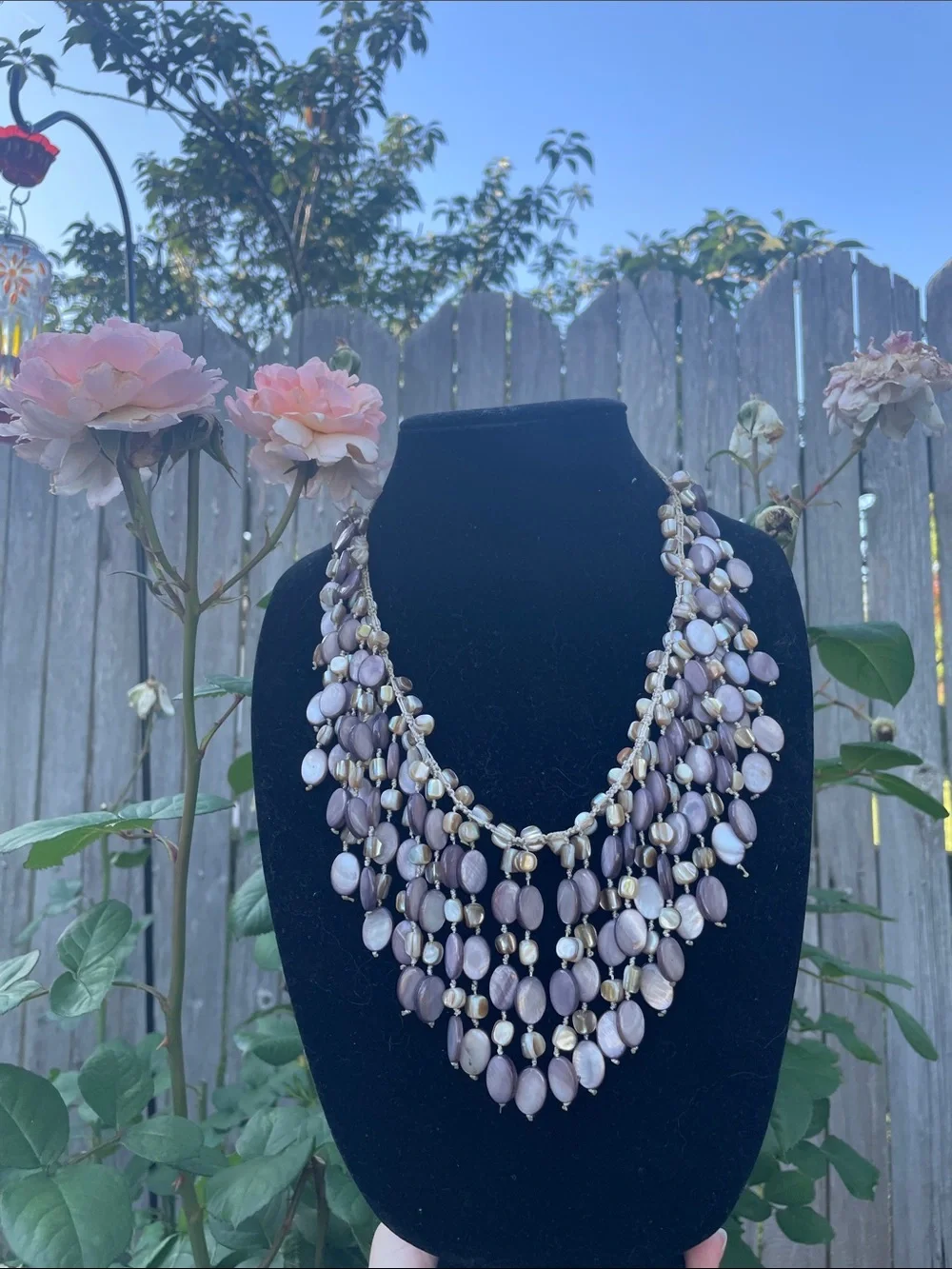 Mother of Pearl Bib Necklace purple and natural color